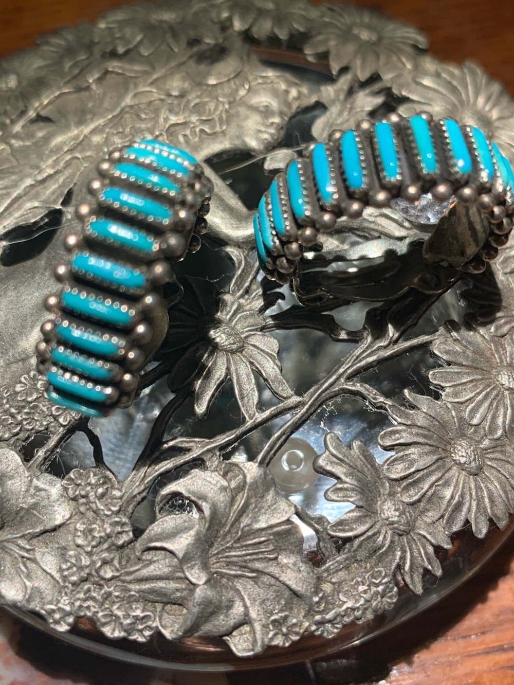 Vintage Zuni Petit Point Turquoise Hoop Clip On Earrings Hallmark F. Eustace